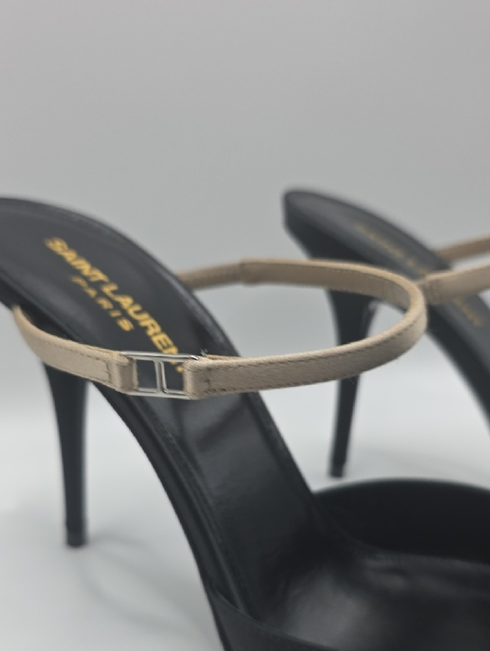 Saint Laurent Black Pointed Slingback Heels with Tan Strap - Picture 7 of 14